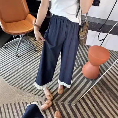 Dark Blue Wide Leg Pants with Lace Trim for Women