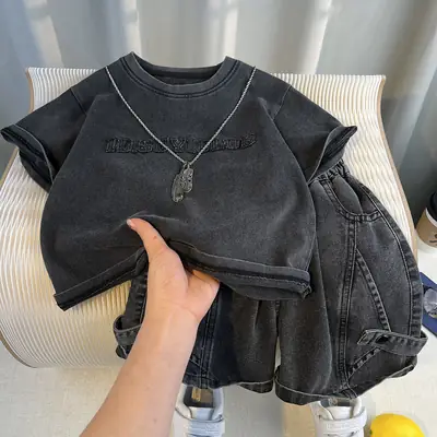 Boys Korean Style Short Sleeve T-Shirt Shorts Set Black