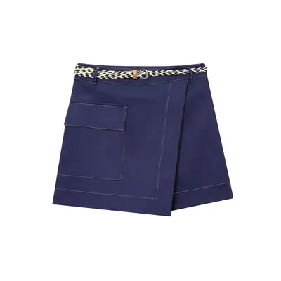Women's Navy Belted Double-Breasted Skirt Pants 2025