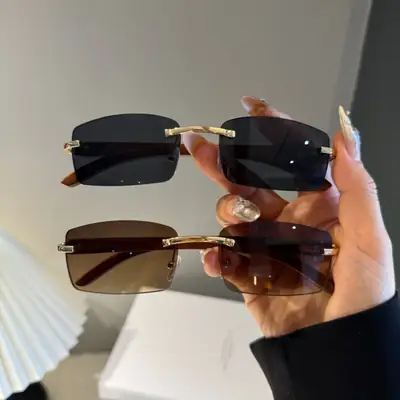 Rimless Gradient Brown Square Cut Sunglasses for Women Men