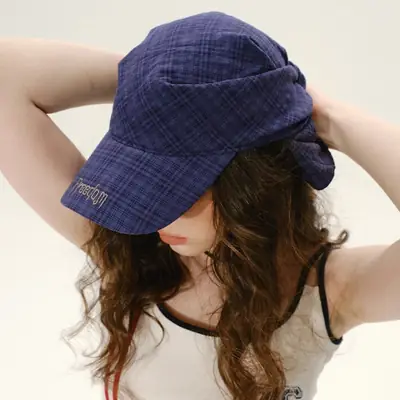 Gray Plaid Peaked Cap with Letter Embroidery