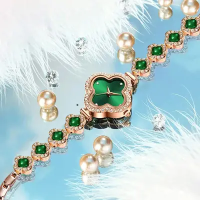 Women's Four-Leaf Clover Quartz Watch with Emerald Stones
