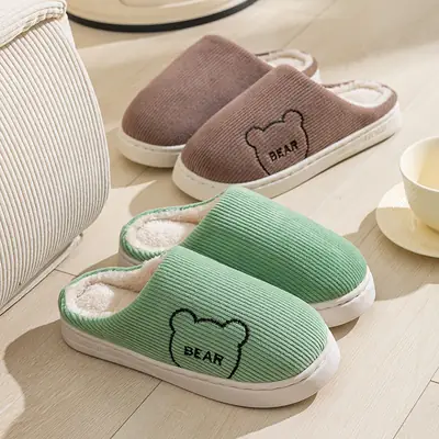 Autumn Winter Cotton Slippers for Women Green Bear Print