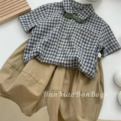 Boys Plaid Checkered Shirt Set Blue White Short Sleeve
