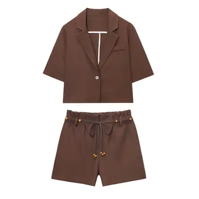 Brown Drawstring Shorts with Beaded Belt for Men