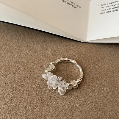 Irregular White Crystal Broken Silver Ring for Women