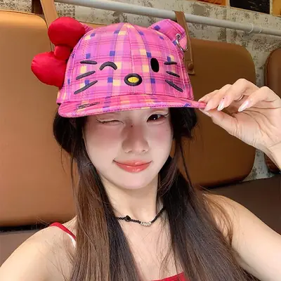 Kitty Cat Plaid Bow Cap for Women