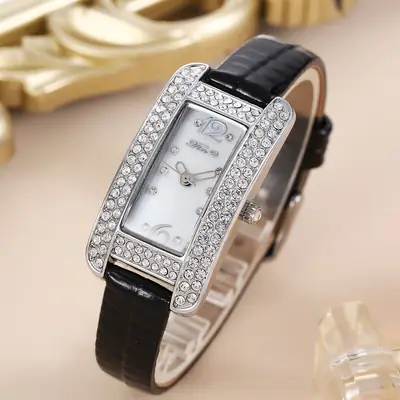 Women's High-End Diamond Watch with Black Strap