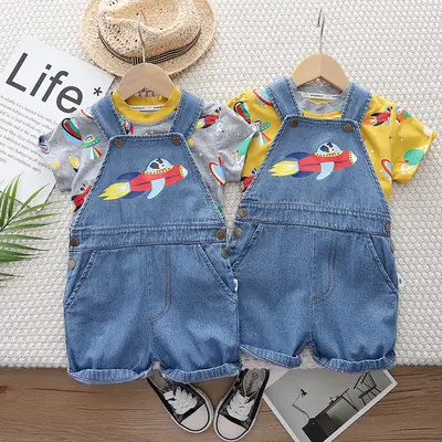 Kids Denim Overalls with Rocket Print 2-Piece Set