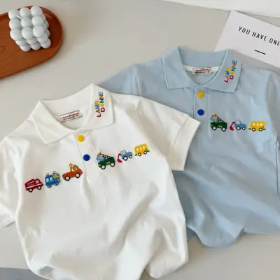Japanese Style Boys T-Shirt White Blue Car Embroidery Polo
