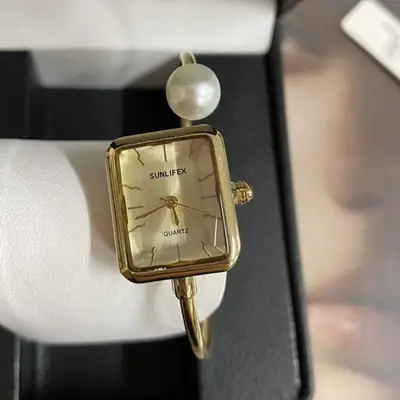 Gold Square Pearl Watch for Women Antique Style