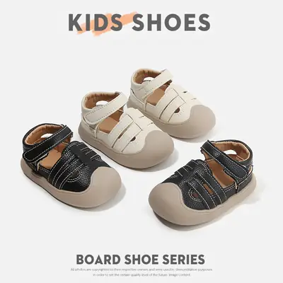 Boys' Shoes, Toe-Toe Anti-Kick Beach Shoes, Women's and Men's Summer Baby Toddler Shoes, Soft-Soled Small Leather Shoes, Baby Sandals