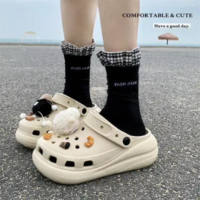 Women Black Puff Clogs with Bear Decor