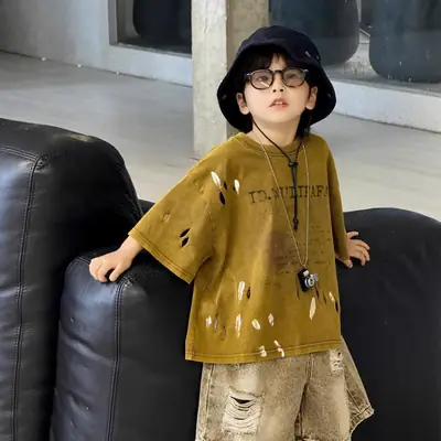Boys Ripped Tie-Dye T-Shirt with Denim Shorts 2025