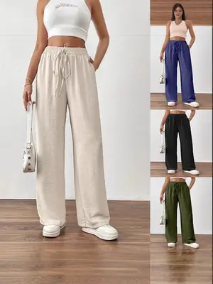Wide Leg Trousers for Women Blue Drawstring Elastic Waist