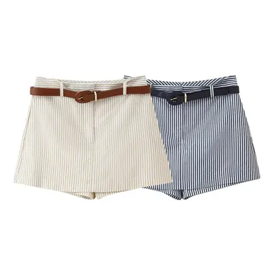 Striped Belt Casual Culottes for Women