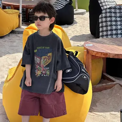 Boys Summer Cartoon Round Neck T-Shirt Maroon Shorts