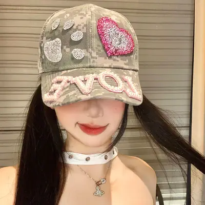 Women's American Retro Camo Rhinestone Cap