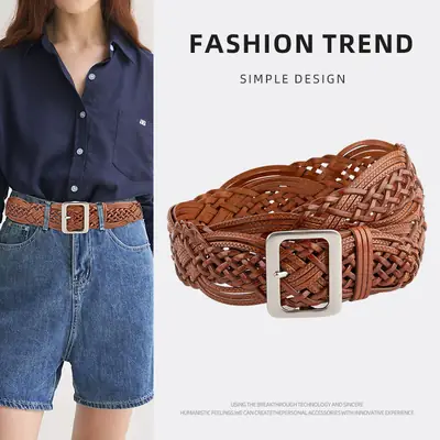 Korean Style Women's Woven Leather Belt Brown