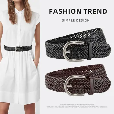 Brown Handwoven Women's Wide Belt with Silver Buckle