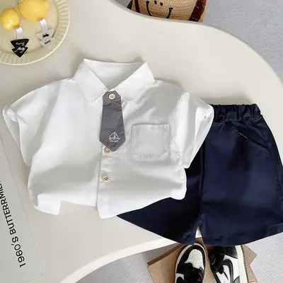 Children White Navy Polo Shirt Shorts Set Summer Wear
