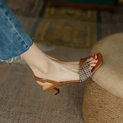 Brown Houndstooth Heel Sandals for Women Medium