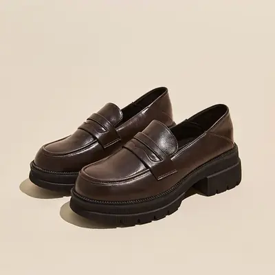 Women Black Leather Platform Loafers with Thick Heel