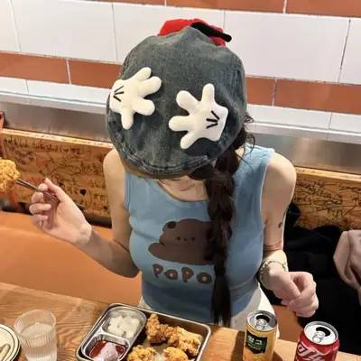 Women Cartoon Butt Wash Denim Hat with Face Revealing Design