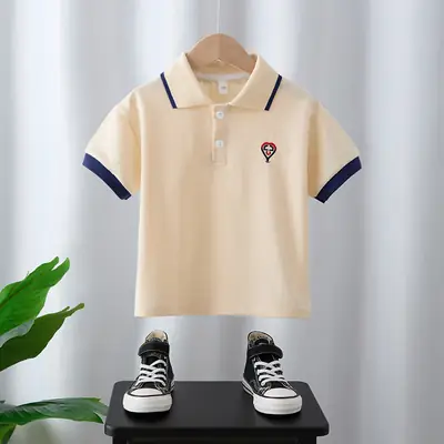 Boys Polo T-Shirt Summer 2025 Beige Navy Sleeve