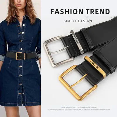 New Black Genuine Leather Wide Belt for Women with Pin Buckle