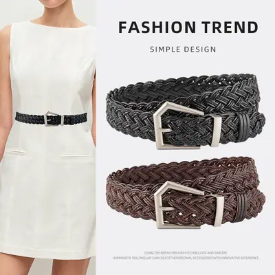 Women's Handwoven Belt Black Brown Punch Free European American High End Decorative