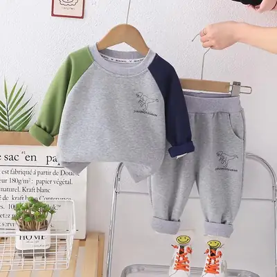 Spring Boys 2-Piece Suit Gray Blue Patchwork Sleeve T-Shirt