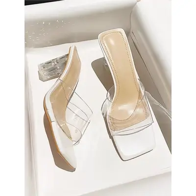 Women Square Toe Crystal High Heels Transparent Summer Slippers