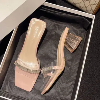 2025 Rhinestone High-Heel Transparent Slippers for Women