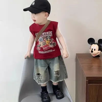 Boys 2-Piece Summer Set Ripped Denim Shorts & Sleeveless T-Shirt