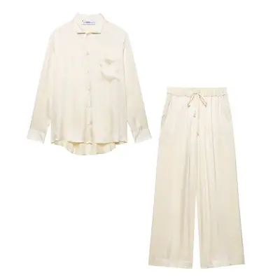 Amazon European and American Clothing 2025 Summer New Style Lapel Silk Satin Texture Long-Sleeved Shirt and Pants Fashion Suit for Women