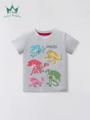 Boys Cartoon Dragon T-Shirt Grey 2025 Summer