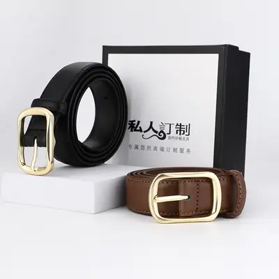 Women's Genuine Leather Retro Belt Tan with Gold Buckle