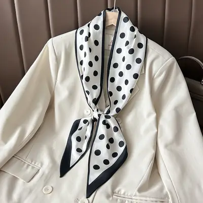 Women Silk Scarf Blue Black Polka Dot Neckband