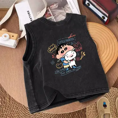 Pure Cotton Sleeveless T-Shirt for Boys Black Vintage