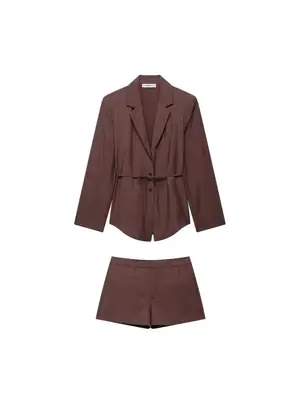Women's Belted Suit Jacket & Shorts Set Brown