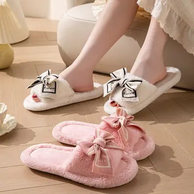 Furry Open-Toe Cross-Border Love Bow Women's All-Season Home Wooden Floor Cotton Slippers Furry Slippers