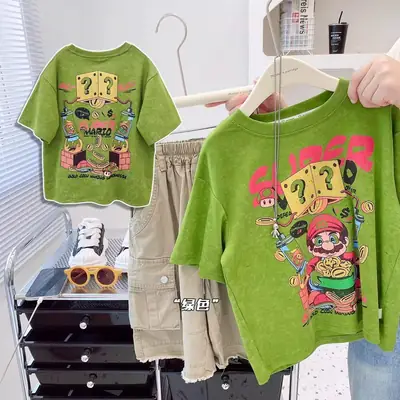 2025 Green Cartoon Print Cotton T-Shirt Set for Boys Girls