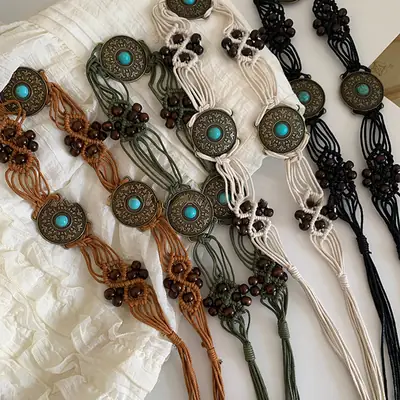 Retro Hemp Rope Bead Waist Chain for Women