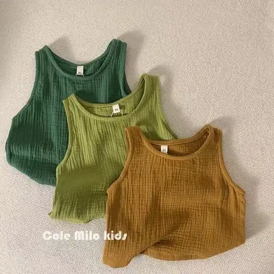 Green Textured Cotton Kids Vest Summer Sleeveless T-Shirt