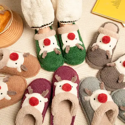 Cute Christmas Elk Fleece Slippers for Women Winter