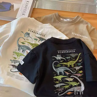 Kids Dinosaur Print Cotton T-Shirt Black White