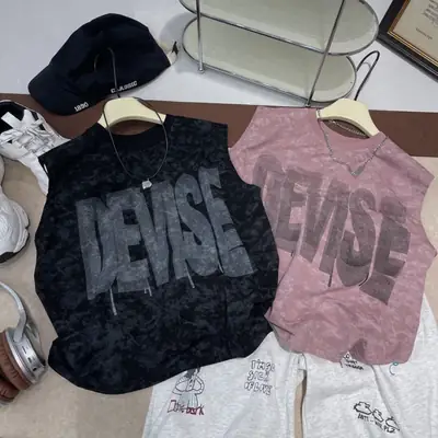 Kids Letter Print Vest & Shorts Set Black Blue