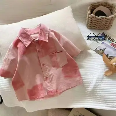 Pink Tie-Dye Elastic Cotton Boys Shirt Short Sleeve Summer