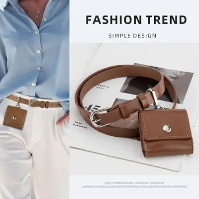 Women Genuine Leather Belt Bag with Headphone & Keychain
